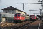 110 360 zieht am Morgen des 04.05.08 DZ 13083 von Hof Hbf nach Loano, aufgenommen bei der Durchfahrt auf Gleis 1 des Aalener Bahnhofs.