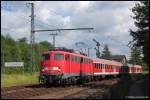 110 483 bringt zur Vormittagszeit des 21.06.08 RB 37150 von Donauwrth nach Aalen, aufgenommen bei der Ausfahrt aus dem Goldshfer Bahnhof.