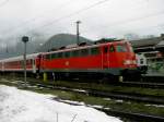 Die BR 110 343-1, abgestellt im Bahnhof von Mittenwald