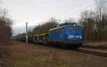 110 043 (110 511) der Press schleppte am 27.01.19 einen leeren ARS-Autozug durch Raguhn Richtung Bitterfeld.