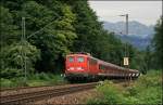 Teleaufnahme auf die 110 223, die beim Kloster Raisach mit der RB 30114 auf dem Rckweg nach Rosenheim abgelichtet wird. (04.07.2008)