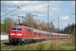111 164 verlsst zur Vormittagszeit des 03.05.08 mit RE 19917 den Goldshfer Bahnhof in Richtung Crailsheim, das Fahrtziel ist Nrnberg Hbf.