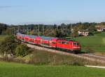 Die 111 035 mit einem RE nach Salzburg am 13.10.2013 unterwegs bei Teisendorf.