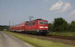 DB 111144 ist am 3.6.2014 mit einem RE Dosto bei Ibbenbüren Laggenbeck nach 
Braunschweig unterwegs.