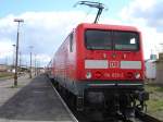 114 029 steht am 18.April 2007 zu Schulungszwecken fr das Zugpersonal von DB Regio Cottbus im Gleis 1a des Cottbusser Hbf.