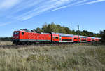 RE1 des Hanse-Express mit der schicken 114 005-2 in Front, kurz vor der Einfahrt am Bahnhof Büchen. 3km östlich von Büchen, 30.09.2018.