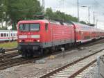 Der Einfahrender Regionalexpress aus Falkenberg/Elster hat am 25.Juli 2009 mit der 114 035 den Zielbahnhof Stralsund erreicht.