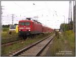 114 004 startet mit RE38320 nach Stralsund.