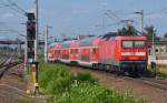 114 004 bespannte am 01.08.15 RE-Züge zwischen Magdeburg und Leipzig. Hier verlässt sie mit einem RE nach Magdeburg Bitterfeld.