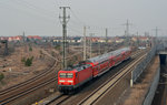 114 006 verlässt mit einer RB nach Falkenberg(E) am 28.02.16 Bitterfeld.