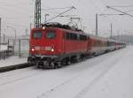 115 278-4 hatte am 23.Januar 2010 mit dem EC 379 Binz-Brno keine Probleme mit dem Schnee,als der Zug in Bergen/Rgen hielt.