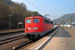 Einfahrt am 06.03.2014 von der 115 198-4 mit dem IC 282 (Zürich HB - Stuttgart Hbf) in den Bahnhof von Horb gen Norden.