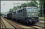 140216 mit einer interessanten Wagen Garnitur im Bahnhof Osterburken am 8.7.1991.Ein Behelfspackwagen und zwei Silberlinge als Werbeträger waren damals schon etwas Besonderes.