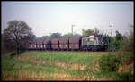 140282 erreicht hier am 15.5.1992 um 9.21 Uhr mit einem Ganzzug an der Landesgrenze von Nordrhein Westfalen und Niedersachsen den Ortsrand von Hasbergen. 