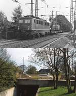 Die Güterzugstrecke Düsseldorf-Rath - Düsseldorf-Eller einst & jetzt: Die Strecke ist Bestandteil der Bahnverbindung von Duisburg-Wedau nach Köln-Mülheim und gehört bis heute zu den wichtigsten Güterverkehrsstrecken der DB. In Düsseldorf trennte sie bis zur Eröffnung des 2.053 m langen Staufenplatztunnels im Jahre 1982 die östlichen Stadtteile von der Innenstadt. Auf der oberen Aufnahme aus dem Jahre 1980 hat 140 598-4 gerade den berüchtigten Bahnübergang am Staufenplatz in Richtung Norden überquert. Die Schrankenwärter hatten hier immer gut zu tun, alle paar Minuten musste die Schranke geschlossen werden, dann stauten sich PKW und Straßenbahnen auf beiden Seiten des Bahnüberganges. Heute läuft der Verkehr mehr oder weniger flüssig, wie auf dem Bild aus dem Jahr 2010 erkennbar, und für Fussgänger oder Radfahrer steht eine Unterführung zu Verfügung.