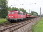 140 354-2 fährt nach einem Signalhalt mit ihrem Kippwagen-Zug weiter. Aufgenommen am 04.07.2013 in Leipzig-Thekla.