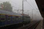 141 228 des Eisenbahnmuseums Darmstadt-Kranichstein am Morgen des 06.09.2014 bei der Bereitstellung eines Sonderzuges der Historischen Eisenbahn Frankfurt im Bahnhof Frankfurt-Süd. Am anderen Ende des Zuges befindet sich Dampflok 01 118, welche denselben an diesem Tag zu den XX. Dampfloktagen nach Meiningen bringen wird. Dabei wird die zu sehende E-Lok bis nach Schweinfurt Hbf Schubunterstützung leisten, auch wenn 01 118 den nicht allzu langen Zug zweifelsohne auch alleine bewältigt hätte.