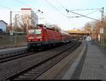 143 034-7 der S-Bahn Mitteldeutschland (DB Regio Südost) als S 37751 (S7) von Halle-Nietleben nach Halle(Saale)Hbf Gl. 13a steht im Hp Halle Zscherbener Straße auf der Bahnstrecke Merseburg–Halle-Nietleben (KBS 588). [5.3.2018 | 16:54 Uhr]