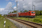 DB Regio 143 248 zog am 27.05.2022 den RE 7 Leerpark von Stralsund Hbf nach Greifswald. Aufgenommen am Abzweig Srg.