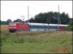 BR 143 864-7 mit einem Sonderzug kurz vor Rostock. An den HanseSailtagen war dieser Sonderzug aber nur einer von vielen. 12.8.06