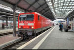 Statt einer 146.0 und nur mit zwei statt drei Dostos steht 143 168-3 in Halle(Saale)Hbf auf Gleis 6.