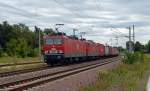 Zusammen mit ihrer Schwesterlok MEG 605 zog MEG 601 am 30.08.14 einen Containerzug durch Wolfen Richtung Dessau.