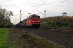 151 161-7 mit gemischten Gterzug, hier zwischen Bockum - Hvel und Mersch ( Westf )  , 28.10.2011.