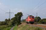 151 084-1 fuhr am 28.08.2012 als Lokzug von Emden nach Drpen, hier sdlich von Leer.