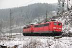 151 035-3 gezogen von 139 314-9 im Frankenwald bei Steinbach am 24.01.2015.