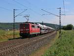 151 016-3 mit Autotransportzug in Fahrtrichtung Norden. Aufgenommen am 14.06.2015 zwischen Ludwigsau-Friedlos und Mecklar.