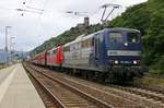 151 084-1 (RBH 266) in Doppeltraktion mit der DB 151 012-1 und einem Erzzug in Fahrtrichtung Rüdesheim. Aufgenommen in Kaub am Rhein am 14.07.2015