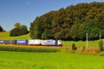 Die 151 056 von Locomotion vor einen Containerzug am 23.08.16 bei Haslach vor Traunstein.