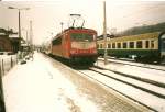 Um eine Lz-fahrt von Sassnitz nach Stralsund zu ersparen,fuhr 155 232 als Schlulok am 07.Januar 1997 in einer Regionalbahn von Sassnitz nach Stralsund mit.