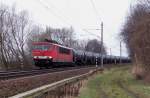 155 078-9 kommt hier mit Kesselwaggons in Richtugn Lbbenau fahrend. 28.02.2009