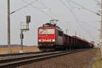 155 266 mit einem Gterzug am 17.04.2012 bei Bornitz in Richtung Oschatz.