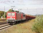Schlielich kam noch dieses MEG Doppel mit Holzzug durch Eichenberg in Fahrtrichtung Sden: MEG 602: 143 204-6 und MEG 702: 155 196.