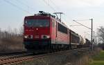 155 032 zog am 06.01.15 einen gemischten Güterzug auf dem Gegengleis durch Greppin Richtung Dessau.