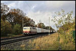 SEL 181215-5 ist hier am 15.11.2023 um 15.46 Uhr in Natrup-Hagen mit ihrem Containerzug unterwegs nach Wanne-Eickel.