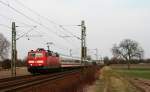 Eine der letzten Leistungen, die der Baureihe 181 auf der pflzischen Ludwigsbahn seit dem Einzug der ICE nach Paris EST geblieben ist, ist der IC 2256 von Frankfurt (Main) nach Saarbrcken. 181 207 eilt mit besagtem Zug am 1. Mrz 2009 zwischen Bhl-Iggelheim und Haloch (Pfalz) ihrem Fahrplan hinterher.