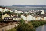 184 001 am 16.06.1986 bei der Ausfahrt aus Nittel in Richtung Trier.