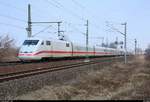 Nachschuss auf 401 063 als umgeleiteter ICE 693 (Linie 11) von Berlin Hbf (tief) nach München Hbf, der in Halle-Kanena auf der Bahnstrecke Magdeburg–Leipzig (KBS 340) fährt.