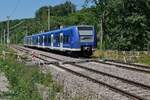 Als RB 91 / 87598 von Friedrichshafen Hafen nach Aulendorf haben 426 542-7 und ein unerkannt gebliebener Triebwagen der  Bodensee-Oberschwaben-Bahn  zwischen Ravensburg und Aulendorf einen Fußgängerbahnübergang im Schussentobel bei Kilometer 162.4 passiert (25.06.2023)