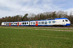 Bayerische Oberlandbahn GmbH (Transdev) mit dreiteiligen Stadler-FLIRT. Nr 1427-010 am 27.03.2024 bei Eglharting.
  ET A  (NVR:  94 80 1427 010-2 D-BOBBY..... ) wohl ganz neu !