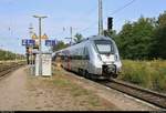 Nachschuss auf 1442 809 (Bombardier Talent 2) von DB Regio Südost als RE 16127 (RE14) von Dessau Hbf nach Falkenberg(Elster), der den Bahnhof Meinsdorf auf Gleis 1 durchfährt.