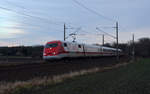 Am Morgen des 01.02.18 fuhr der Duplo-ICE als ICE 595 von Berlin nach München. Hier braust er durch Burgkemnitz Richtung Leipzig.