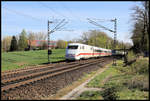 ICE 401580-6 ist hier am Ortsrand von Hasbergen am 15.4.2020 um 9.40 Uhr auf der Rollbahn zum nächsten Halt in Münster in Westfalen unterwegs.