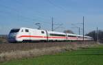 Ein ICE der BR 401 war am 20.03.14 als ICE 793 von Hamburg nach Leipzig unterwegs als er durch Burgkemnitz fuhr.