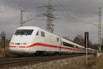 19. März 2011, ICE  Lüneburg  (Tz 120) fährt als ICE 915 Berlin - München am Ende der Frankenwaldbahn durch die Zettlitzer Kurve in Richtung Lichtenfels