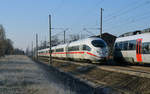 Am 20.01.19 begegneten sich der ICE 1006 nach Berlin und die S8 nach Halle(S) in Brehna.