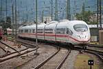 Einfahrt von 403 019-3  Bergisch Gladbach  am 22.07.2015 als ICE 504 (Basel SBB - Köln Hbf) zusammen mit 406 503-3  Mannheim  als ICE 104 (Basel SBB - Amsterdam CS) in den Badischen Bahnhof von Basel.